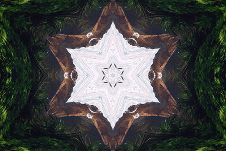 Abstract background from a repeating kaleidoscope view with gray and green dark and bright lines and shapes coming from the centerの写真素材