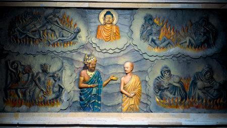 Kintamali, Bali, Indonesia - 05, July 2022: A painting on a wall in a Buddhist temple with a buddha and the history of his arrival and life. A painting on a wall in a Buddhist temple depicting hell. Torment of sinners. Servants of hell burn souls with firのeditorial素材