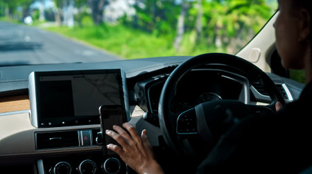 Hands of a young European girl sitting in a car with a black interior, touching the phone with her finger standing in the phone holder on the dashboard, a navigator map is shown on the screenの写真素材