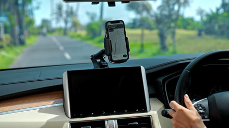 Hands of a young European girl sitting in a car with a black interior, touching the phone with her finger standing in the phone holder on the dashboard, a navigator map is shown on the screenの写真素材