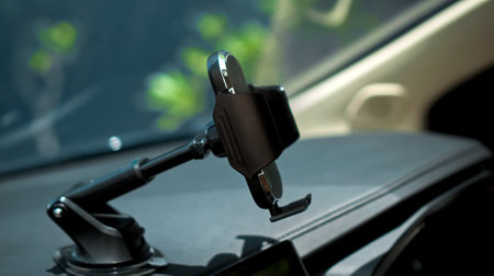 Hands of a young European girl sitting in a car with a black interior, attaches a phone holder to the dashboard of the carの写真素材