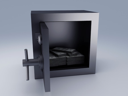 Steel safe box and money stacksの写真素材