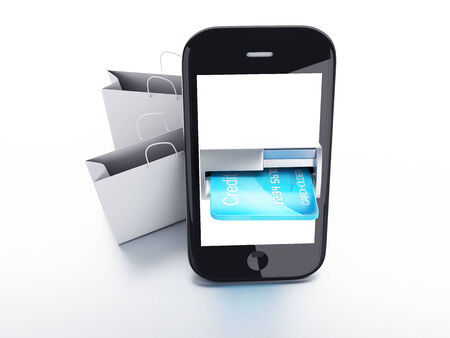 mobile phone device with a shopping bag. online shopping conceptの写真素材