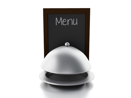 blank menu board and Serving cloche, isolated white backgroundの写真素材