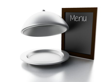 blank menu board and Serving cloche, isolated white backgroundの写真素材