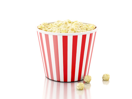 Box of popcorn. 3d illustration on white backgroundの写真素材