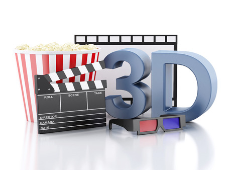 cinema clapper, popcorn, film reel and 3d glasses. cinematography concept. 3d illustrationの写真素材