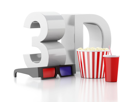 popcorn, drink and 3d glasses. cinematography concept. 3d imageの写真素材