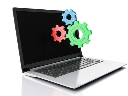 image of 3d laptop and gears. System properties concept. Isolated on white background
