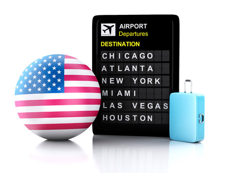3d illustration render. airport board, united states departures information and travel suitcases on white backgroundの写真素材