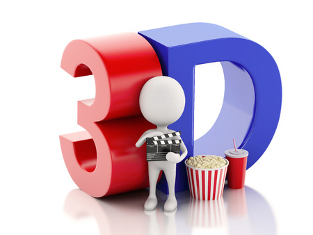 white man with cinema clapper, popcorn, drink and 3d glasses. cinematography concept. 3d renderer illustrationの写真素材