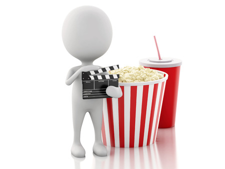 3d renderer illustration. White man with clapper board, popcorn and drink. cinematography concept on white backgroundの写真素材