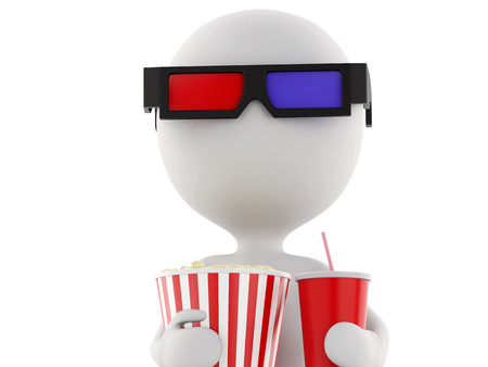 3d renderer illustration. White man with 3d glasses, drink and popcorn, isolated white background.の写真素材