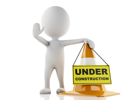 3d renderer imagen. White people stop sign with traffic cones.  Under construction concept.. Isolated white background.の写真素材