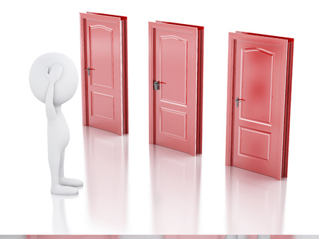3d image. White people and three doors, doubtful. Choice concept on white backgroundの写真素材