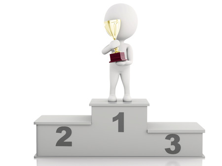 3d illustration. White people winner on sports podium with trophy. Isolated white backgroundの写真素材