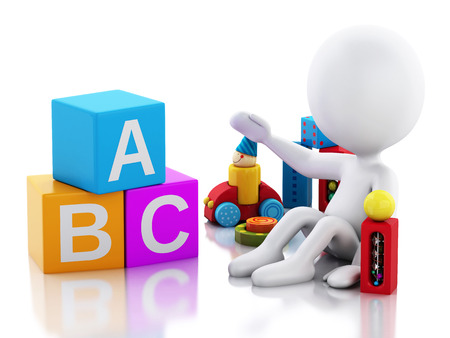 3d illustration. White people baby playing with toys. Isolated white backgroundの写真素材