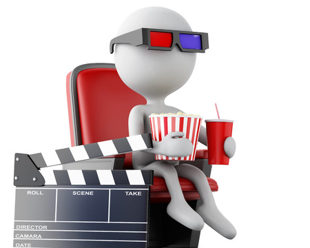 3d illustration. White people with clapper board, popcorn and drink. cinematography concept. Isolated white backgroundの写真素材