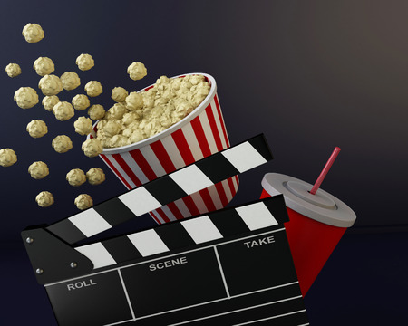3d renderer illustration. Cinema clapper board, popcorn and drink.の写真素材
