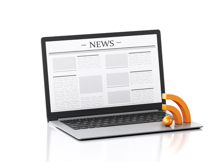 3d image. Modern laptop with news and RSS symbol. Internet, Media concept on white backgroundの写真素材