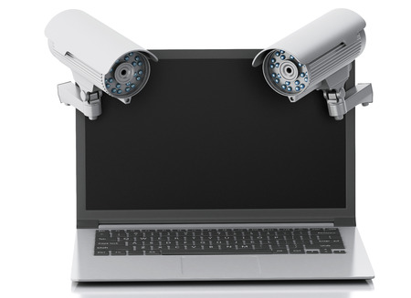 3d render image. Laptop with surveillance camera. Data security concept. Isolated white background.の写真素材