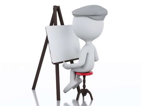 3d renderer image. White people painter with an easel isolated white backgroundの写真素材