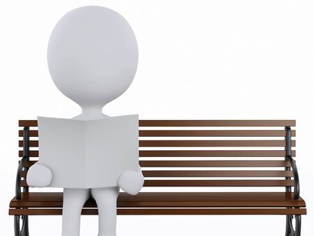 3d illustration. White people reading a newspaper on a wooden bench. Isolated white backgroundの写真素材