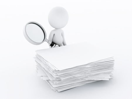3d image. White people with magnifying glass examines files Isolated white backgroundの写真素材