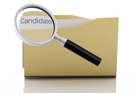 3d image. Magnifying glass examine Candidates in folder Isolated white backgroundの写真素材