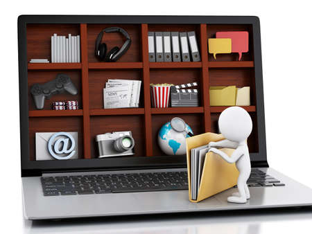 3d renderer image. White people with Laptop and multimedia. Coceptual image on white backgroundの写真素材