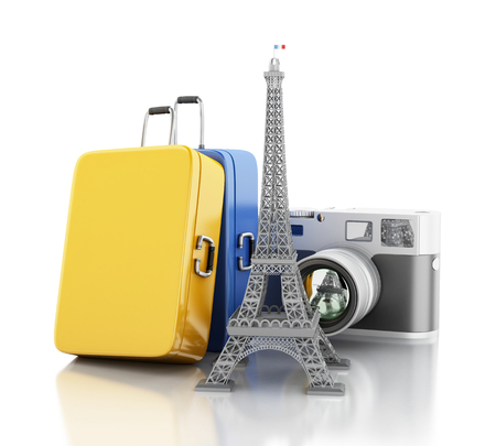 3d renderer image.  Eiffel tower and travel suitacase. Travel to paris and Tourism concept on white backgroundの写真素材