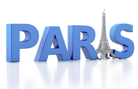 3d renderer image. Paris word with eiffel tower. Isolated white backgroundの写真素材