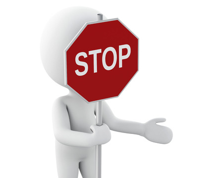3d renderer image. Whie people standing and holding a stop sign. Isolated white backgroundの写真素材