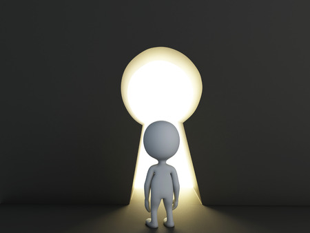 3d renderer image. White people looking through keyhole. Success conceptの写真素材