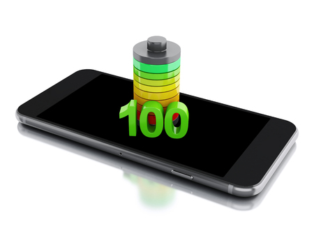3d renderer image. Smartphone and battery charge. Mobile phone charging concept. Isolated white backgroundの写真素材