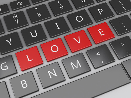 3d image renderer. Computer keyboard buttons with Love. Find Love concept.の写真素材