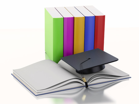 3d renderer image. Graduation cap and Books. Education concept. Isolated on white backgroundの写真素材
