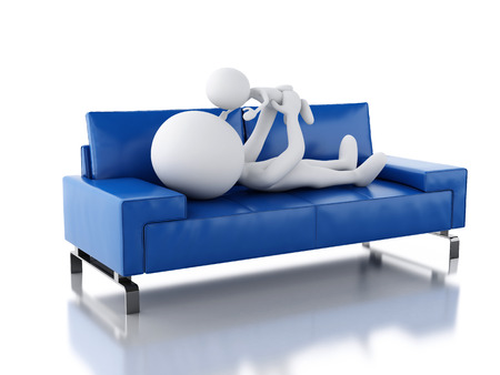 3d renderer image. Father playing with baby as lying on sofa. Isolated on white backgroundの写真素材