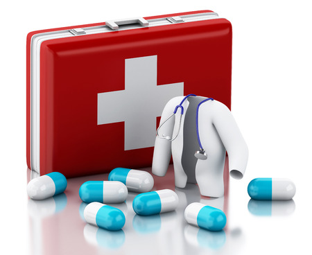 3d illustration. Stethoscope, pills and First Aid Kit. Medicine concept. Isolated white backgroundの写真素材