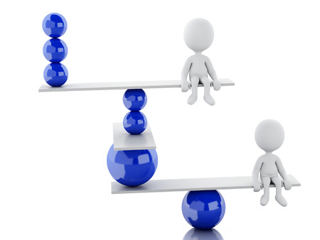 3d renderer image. White people on a balance. Equilibrium on a ball. Isolated white backgroundの写真素材