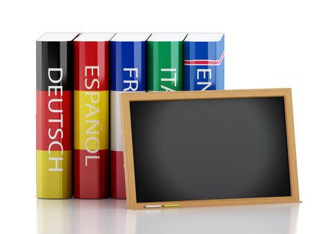 3d renderer illustration. Stack of dictionaries. Language learning and translate, education concept. Isolated white backgroundの写真素材