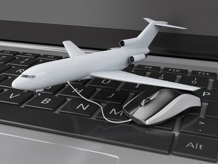 3d illustration. Airplane and computer mouse on computer keyboard. Online booking flight or travel concept.の写真素材