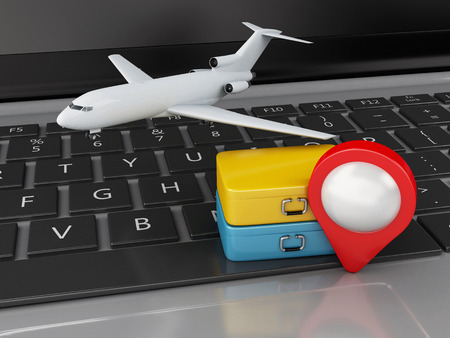 3d renderer illustration. Travel suitcase and airplane on computer keyboard. Travel conceptの写真素材