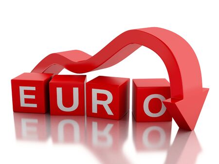 3d renderer illustration. Red arrow falling value of the Euro. Money concept. Isolated white backgroundの写真素材
