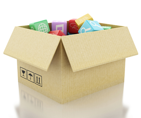 3d renderer image. Mobile applications software in cardboard box. Isolated white backgroundの写真素材