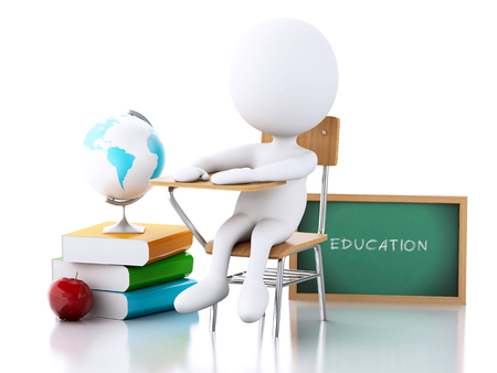 3D Illustration. White people with school desk, blackboard and globe. Education concept. Isolated white background.の写真素材
