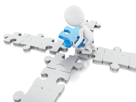 3D Illustration. White people with piece of puzzle. Business and success concept. Isolated white background.の写真素材