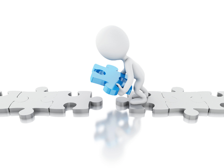 3D Illustration. White people with piece of a puzzle. Business and success concept. Isolated white background.の写真素材