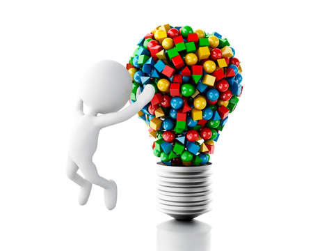 3d renderer image. White people and light lamp with geometric and colorfull shapes. Isolated white background.の写真素材