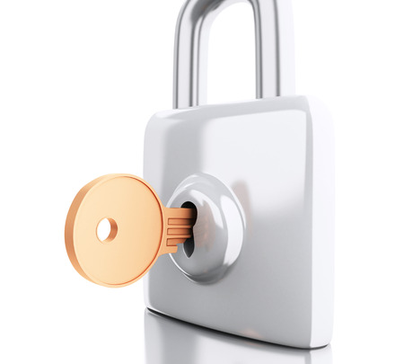3d renderer image. Padlock with key. Security concept. Isolated white background.の写真素材